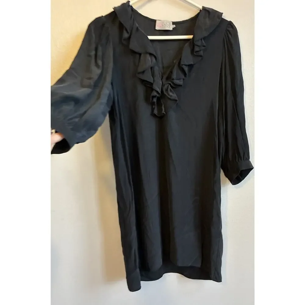 VTG 90s Black Silk Dress Ruffle Collar Whimsygoth Steampunk Vamp Dark Fairy S